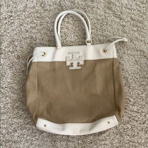 Tory Burch Straw Stacked T Logo North South Tote